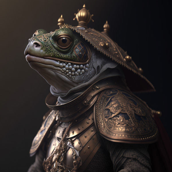 Midjourney prompts exemple commandes Chevalier grenouille majestueux anthropomorphe