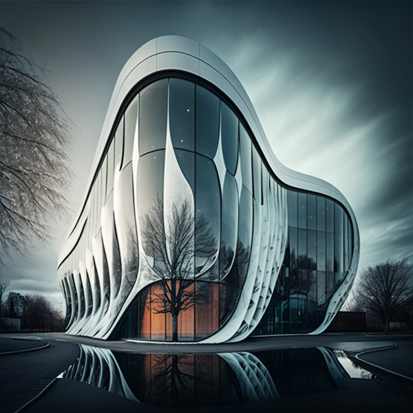 Midjourney prompts exemple commandes façade de bâtiment incurvée réalisée dans un style fluide, transparent, lisse et sans fin, architecture paramétrique futuriste